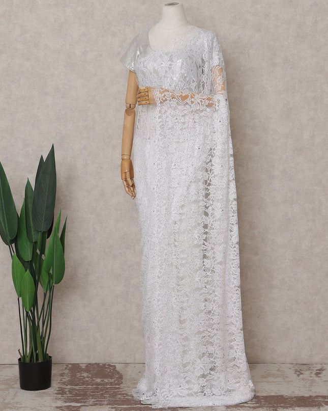 Pearl White Stone Embellished Chantilly Lace Saree