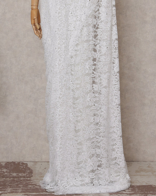 Pearl White Stone Embellished Chantilly Lace Saree