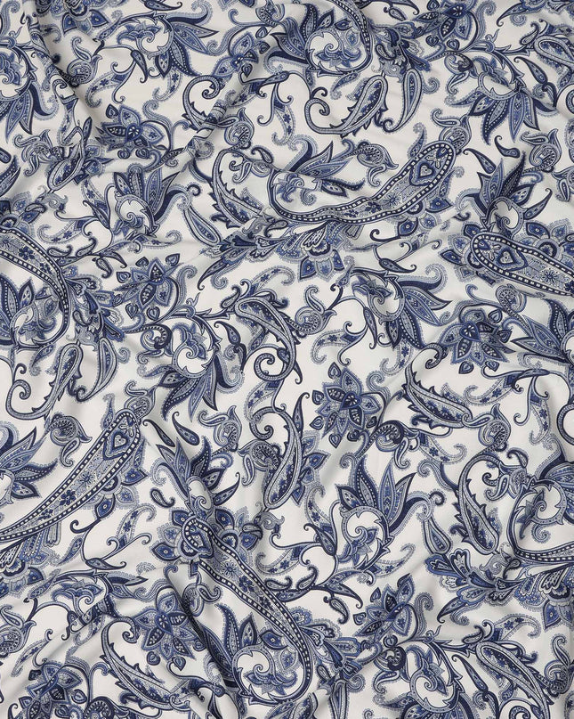 Ivory Blue Paisley Floral Printed Premium Italian Viscose Fabric Soft Smooth Breathable Drapey Dressmaking Fabric 150 Cms Width Italy Origin-D28656 Regal Fabrics