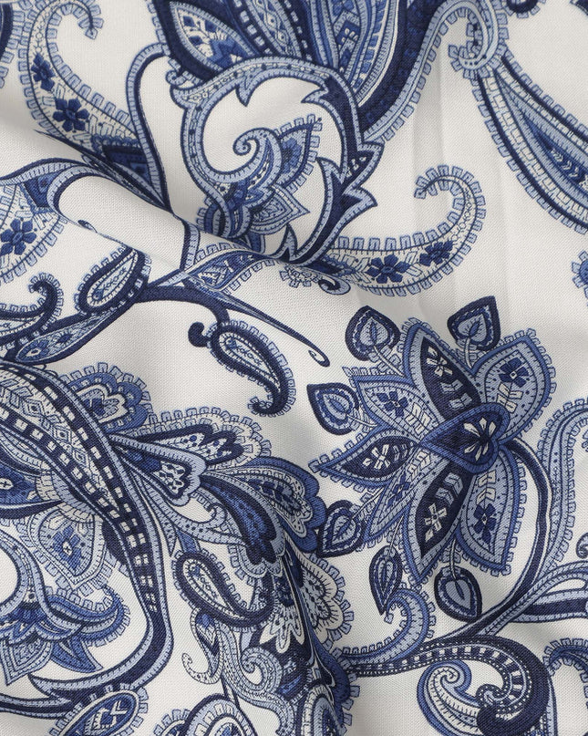 Ivory Blue Paisley Floral Printed Premium Italian Viscose Fabric Soft Smooth Breathable Drapey Dressmaking Fabric 150 Cms Width Italy Origin-D28656 Regal Fabrics