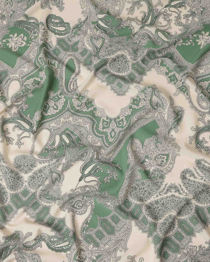 Ivory Green Paisley Ornate Printed Premium Italian Viscose Fabric Soft Smooth Breathable Drapey Dressmaking Fabric 150 Cms Width Italy Origin-D28655 Regal Fabrics
