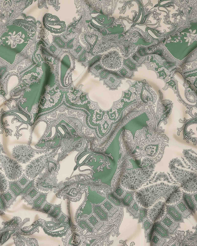 Ivory Green Paisley Ornate Printed Premium Italian Viscose Fabric Soft Smooth Breathable Drapey Dressmaking Fabric 150 Cms Width Italy Origin-D28655 Regal Fabrics