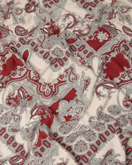 Ivory Red Paisley Ornate Printed Premium Italian Viscose Fabric Soft Smooth Breathable Drapey Dressmaking Fabric 150 Cms Width Italy Origin-D28654 Regal Fabrics