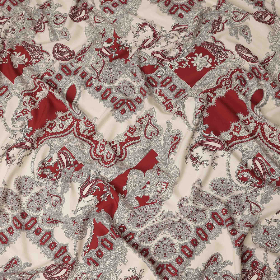 Ivory Red Paisley Ornate Printed Premium Italian Viscose Fabric Soft Smooth Breathable Drapey Dressmaking Fabric 150 Cms Width Italy Origin-D28654 Regal Fabrics
