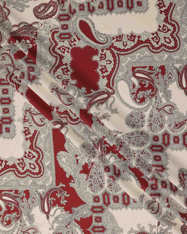 Ivory Red Paisley Ornate Printed Premium Italian Viscose Fabric Soft Smooth Breathable Drapey Dressmaking Fabric 150 Cms Width Italy Origin-D28654 Regal Fabrics