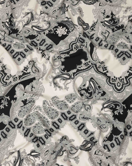 Ivory Black Paisley Ornate Printed Premium Italian Viscose Fabric Soft Smooth Breathable Drapey Dressmaking Fabric 150 Cms Width Italy Origin-D28653 Regal Fabrics