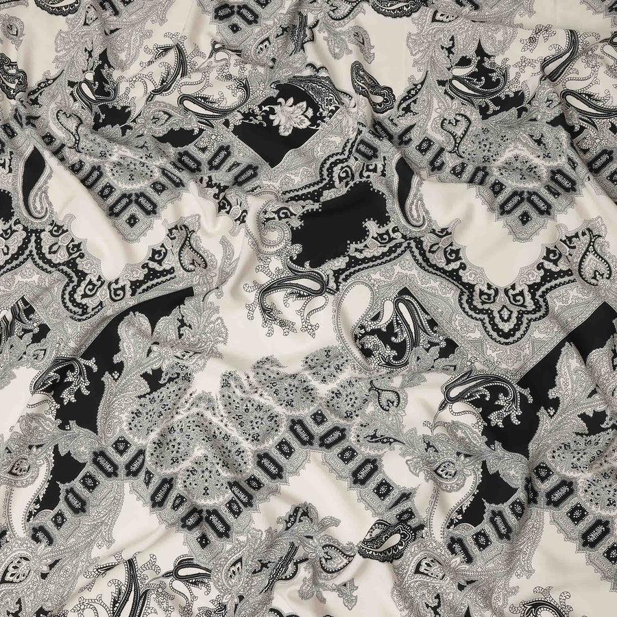 Ivory Black Paisley Ornate Printed Premium Italian Viscose Fabric Soft Smooth Breathable Drapey Dressmaking Fabric 150 Cms Width Italy Origin-D28653 Regal Fabrics