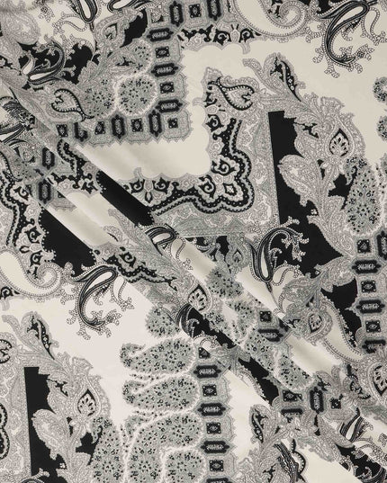 Ivory Black Paisley Ornate Printed Premium Italian Viscose Fabric Soft Smooth Breathable Drapey Dressmaking Fabric 150 Cms Width Italy Origin-D28653 Regal Fabrics