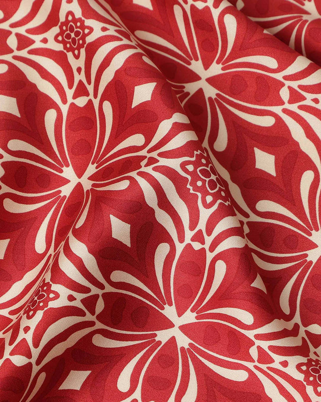 Red Beige Geometric Floral Printed Premium Italian Viscose Fabric Soft Smooth Breathable Drapey Dressmaking Fabric 150 Cms Width Italy Origin-D28639 Regal Fabrics