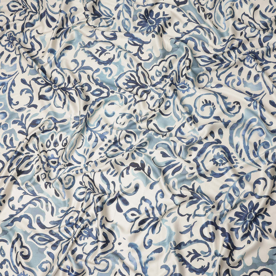 Ivory Blue Abstract Floral Printed Premium Italian Viscose Fabric Soft Smooth Breathable Drapey Dressmaking Fabric 150 Cms Width Italy Origin-D28646 Regal Fabrics