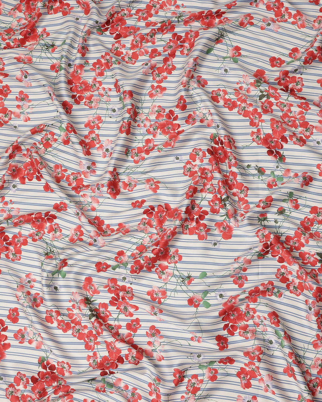 Ivory Blue Red Floral Striped Printed Premium Italian Viscose Fabric Soft Smooth Breathable Drapey Dressmaking Fabric 150 Cms Width Italy Origin-D28659 Regal Fabrics
