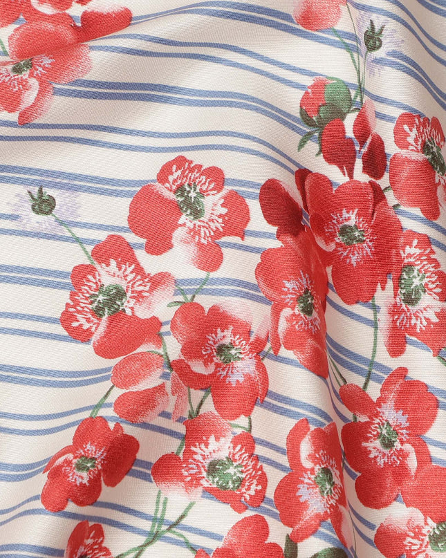 Ivory Blue Red Floral Striped Printed Premium Italian Viscose Fabric Soft Smooth Breathable Drapey Dressmaking Fabric 150 Cms Width Italy Origin-D28659 Regal Fabrics