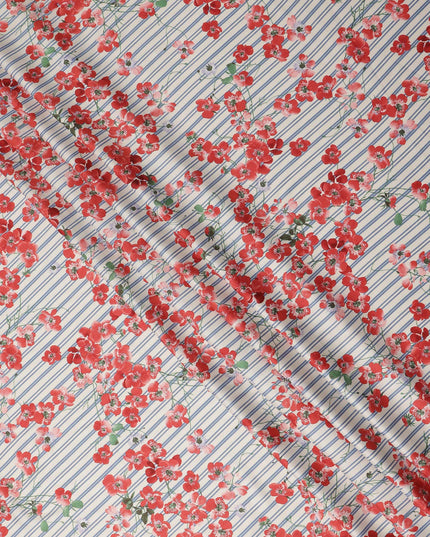 Ivory Blue Red Floral Striped Printed Premium Italian Viscose Fabric Soft Smooth Breathable Drapey Dressmaking Fabric 150 Cms Width Italy Origin-D28659 Regal Fabrics