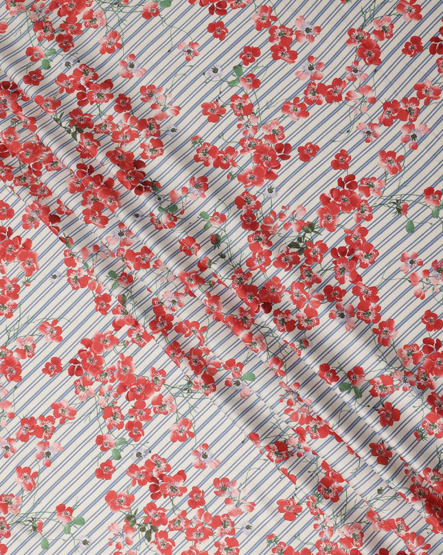 Ivory Blue Red Floral Striped Printed Premium Italian Viscose Fabric Soft Smooth Breathable Drapey Dressmaking Fabric 150 Cms Width Italy Origin-D28659 Regal Fabrics