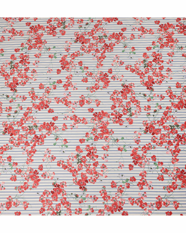 Ivory Blue Red Floral Striped Printed Premium Italian Viscose Fabric Soft Smooth Breathable Drapey Dressmaking Fabric 150 Cms Width Italy Origin-D28659 Regal Fabrics