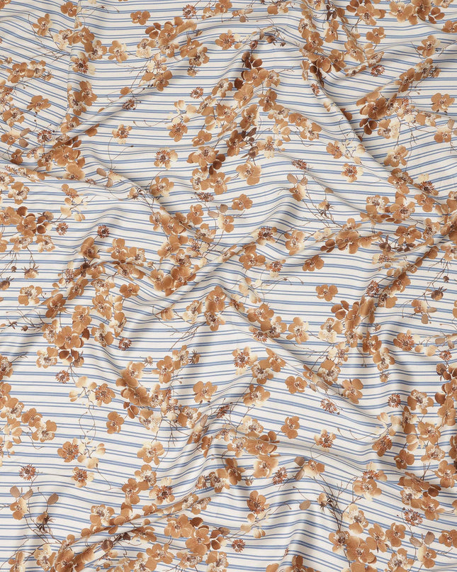 Ivory Blue Brown Floral Striped Printed Premium Italian Viscose Fabric Soft Smooth Breathable Drapey Dressmaking Fabric 150 Cms Width Italy Origin-D28658 Regal Fabrics