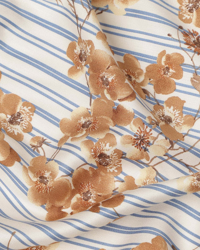 Ivory Blue Brown Floral Striped Printed Premium Italian Viscose Fabric Soft Smooth Breathable Drapey Dressmaking Fabric 150 Cms Width Italy Origin-D28658 Regal Fabrics