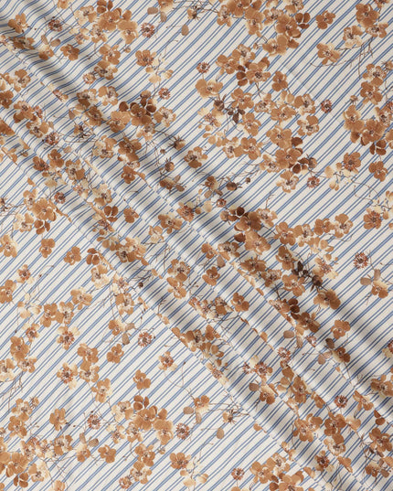 Ivory Blue Brown Floral Striped Printed Premium Italian Viscose Fabric Soft Smooth Breathable Drapey Dressmaking Fabric 150 Cms Width Italy Origin-D28658 Regal Fabrics