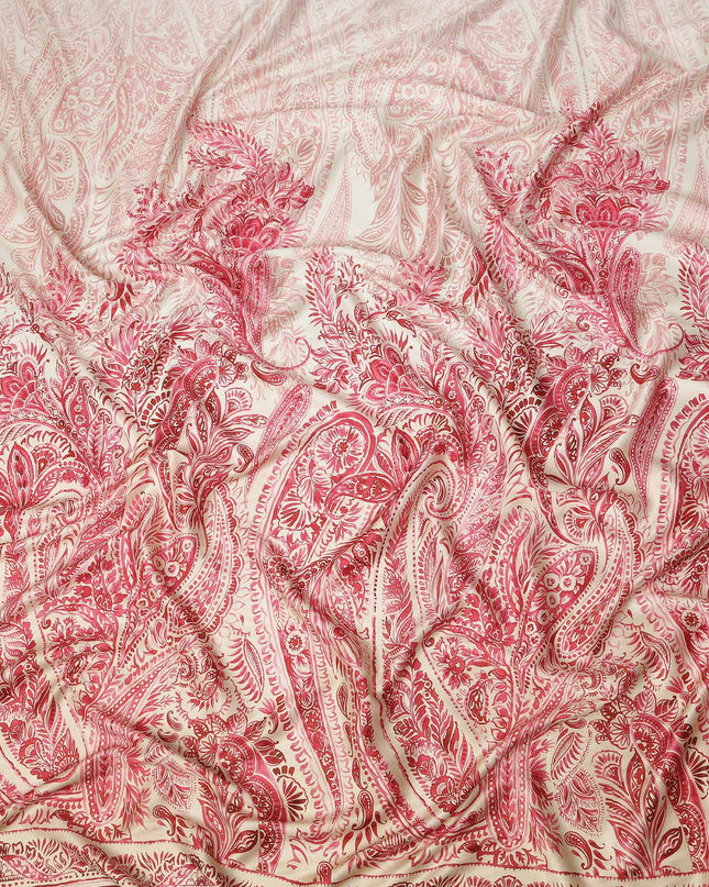 Ivory Red Paisley Floral Border Printed Premium Italian Viscose Fabric Soft Smooth Breathable Drapey Dressmaking Fabric 150 Cms Width Italy Origin-D28644 Regal Fabrics