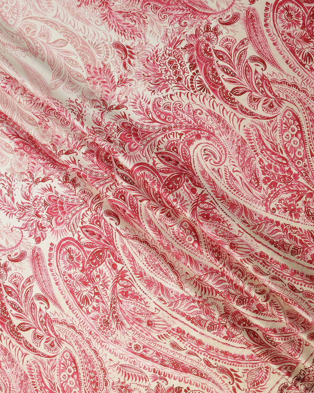 Ivory Red Paisley Floral Border Printed Premium Italian Viscose Fabric Soft Smooth Breathable Drapey Dressmaking Fabric 150 Cms Width Italy Origin-D28644 Regal Fabrics