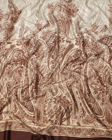 Beige Brown Paisley Floral Border Printed Premium Italian Viscose Fabric Soft Smooth Breathable Drapey Dressmaking Fabric 150 Cms Width Italy Origin-D28643 Regal Fabrics