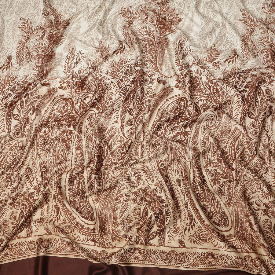 Beige Brown Paisley Floral Border Printed Premium Italian Viscose Fabric Soft Smooth Breathable Drapey Dressmaking Fabric 150 Cms Width Italy Origin-D28643 Regal Fabrics