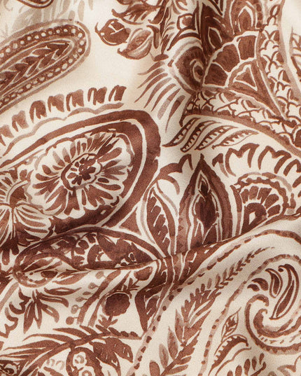 Beige Brown Paisley Floral Border Printed Premium Italian Viscose Fabric Soft Smooth Breathable Drapey Dressmaking Fabric 150 Cms Width Italy Origin-D28643 Regal Fabrics