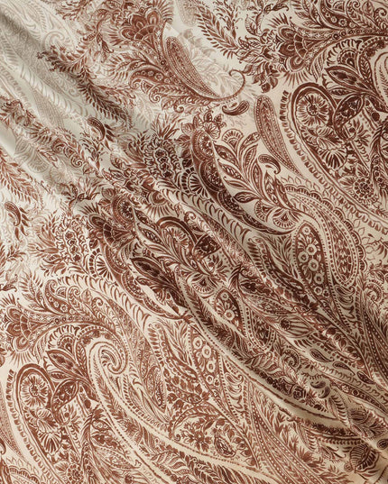 Beige Brown Paisley Floral Border Printed Premium Italian Viscose Fabric Soft Smooth Breathable Drapey Dressmaking Fabric 150 Cms Width Italy Origin-D28643 Regal Fabrics