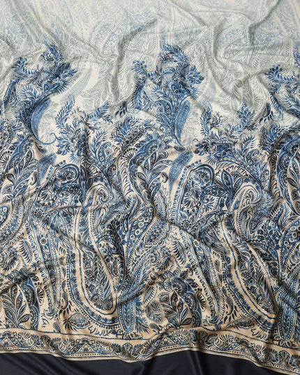 Ivory Blue Paisley Floral Border Printed Premium Italian Viscose Fabric Soft Smooth Breathable Drapey Dressmaking Fabric 150 Cms Width Italy Origin-D28642 Regal Fabrics