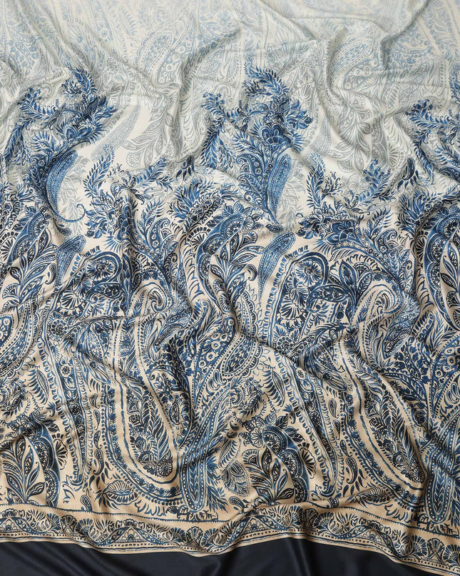 Ivory Blue Paisley Floral Border Printed Premium Italian Viscose Fabric Soft Smooth Breathable Drapey Dressmaking Fabric 150 Cms Width Italy Origin-D28642 Regal Fabrics