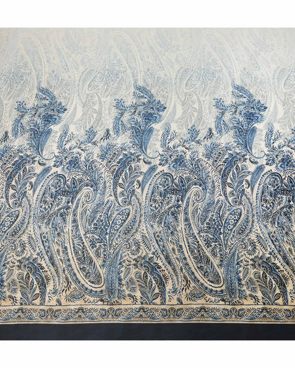 Ivory Blue Paisley Floral Border Printed Premium Italian Viscose Fabric Soft Smooth Breathable Drapey Dressmaking Fabric 150 Cms Width Italy Origin-D28642 Regal Fabrics