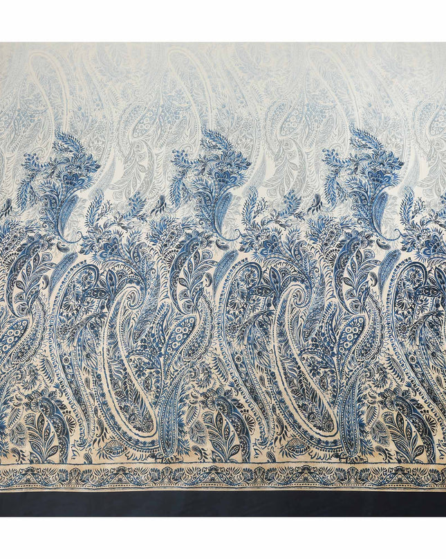 Ivory Blue Paisley Floral Border Printed Premium Italian Viscose Fabric Soft Smooth Breathable Drapey Dressmaking Fabric 150 Cms Width Italy Origin-D28642 Regal Fabrics