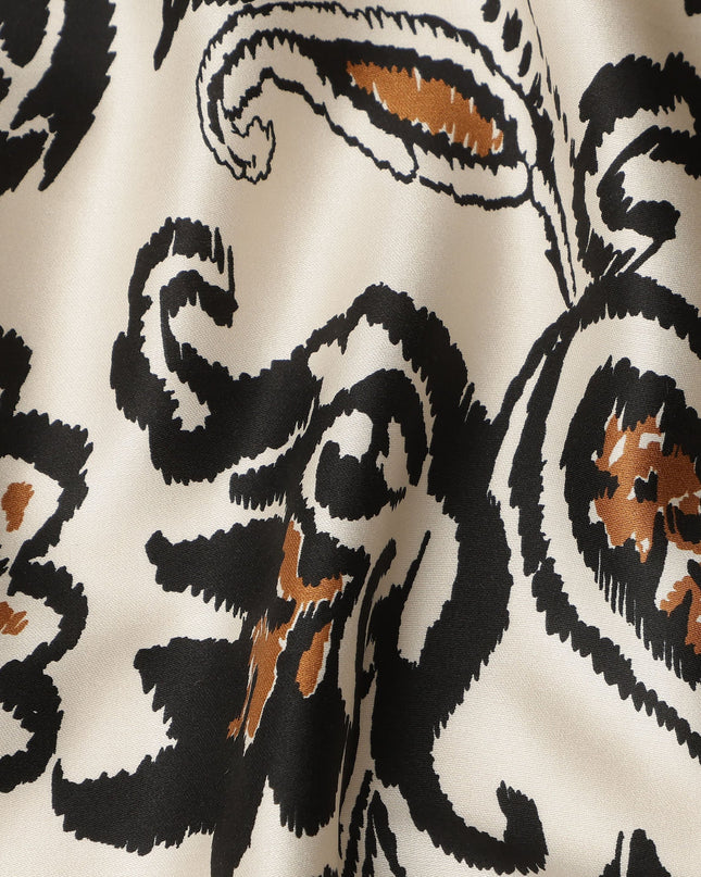 Ivory Black Brown Floral Border Printed Premium Italian Viscose Fabric Soft Smooth Breathable Drapey Dressmaking Fabric 150 Cms Width Italy Origin-D28647 Regal Fabrics