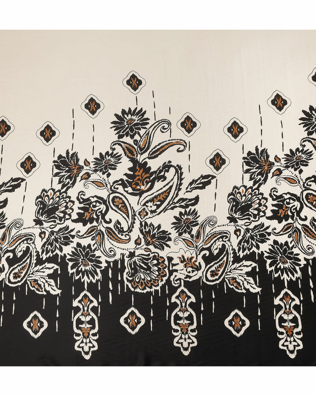 Ivory Black Brown Floral Border Printed Premium Italian Viscose Fabric Soft Smooth Breathable Drapey Dressmaking Fabric 150 Cms Width Italy Origin-D28647 Regal Fabrics