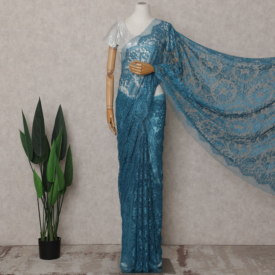Peacock Teal Blue Chantilly Lace Saree - D31672