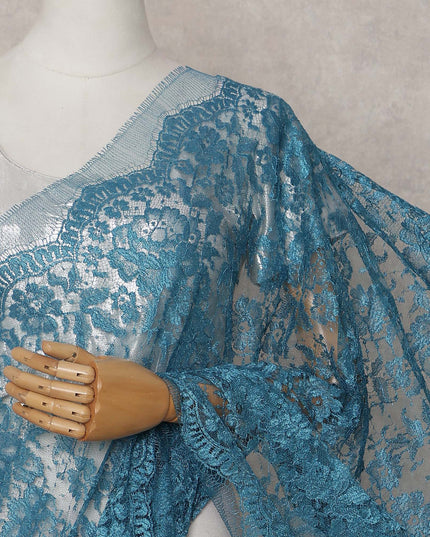 Peacock Teal Blue Chantilly Lace Saree - D31672