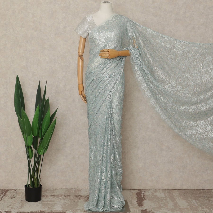Blue French Metallic Chantilly Lace Saree