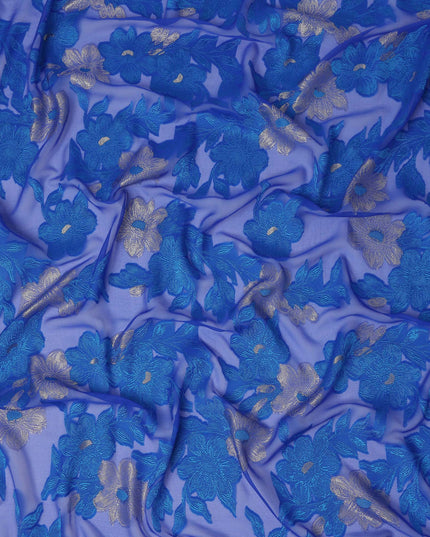 Blue Gold Floral French Silk Chiffon Fransawi Garbasaar