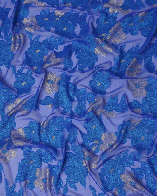 Blue Gold Floral French Silk Chiffon Fransawi Garbasaar