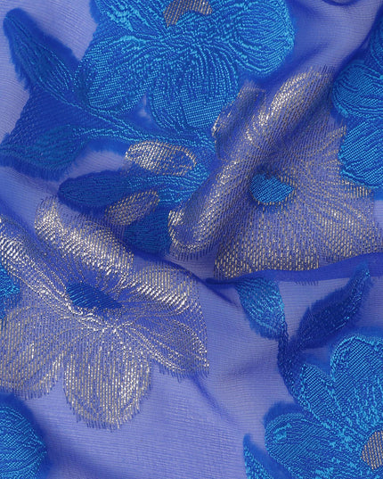 Blue Gold Floral French Silk Chiffon Fransawi Garbasaar