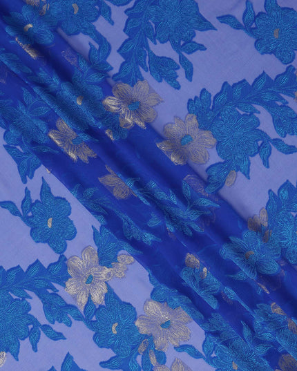 Blue Gold Floral French Silk Chiffon Fransawi Garbasaar