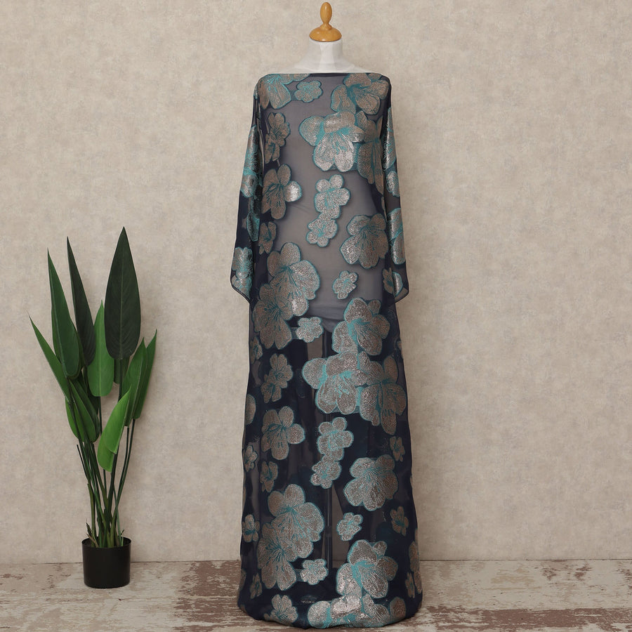 Navy Blue Floral Fransawi Silk Chiffon Dirac Lurex