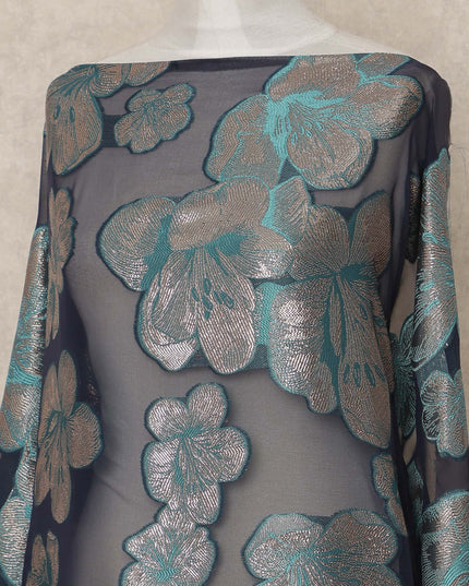 Navy Blue Floral Fransawi Silk Chiffon Dirac Lurex