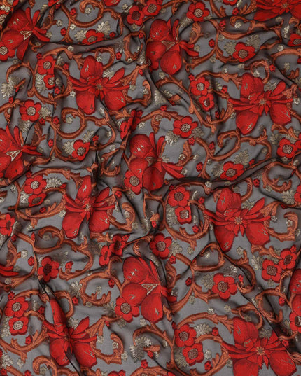 Black Red Floral French Silk Chiffon Fransawi Garbasaar