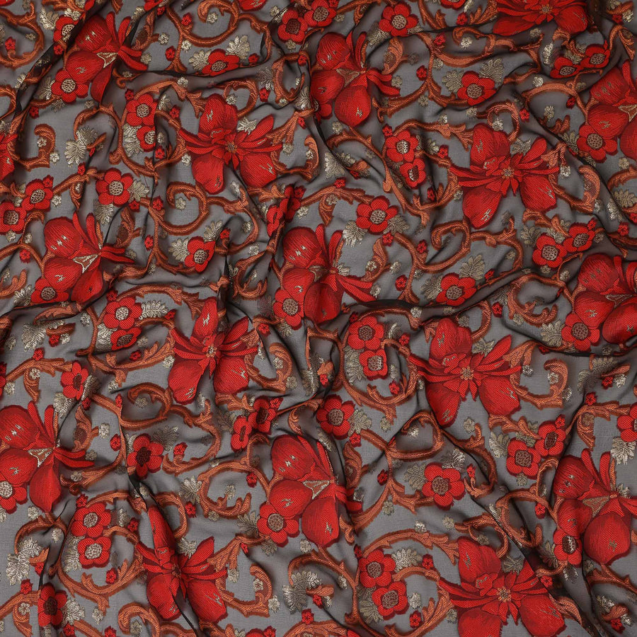 Black Red Floral French Silk Chiffon Fransawi Garbasaar