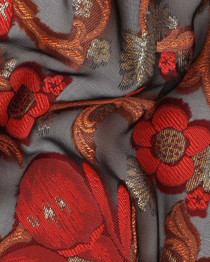 Black Red Floral French Silk Chiffon Fransawi Garbasaar