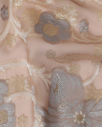 Beige Gold Floral French Silk Chiffon Fransawi Garbasaar