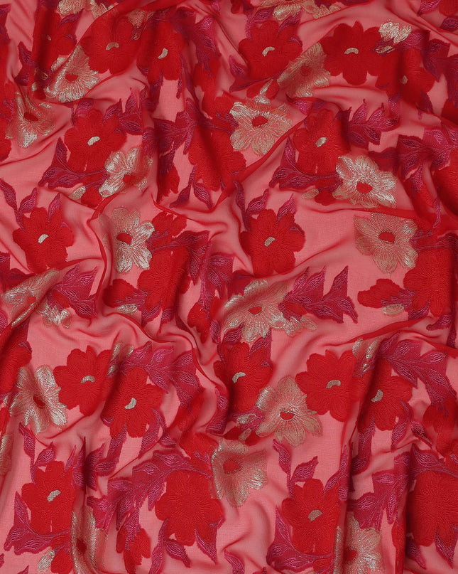 Red Pink Floral French Silk Chiffon Fransawi Garbasaar