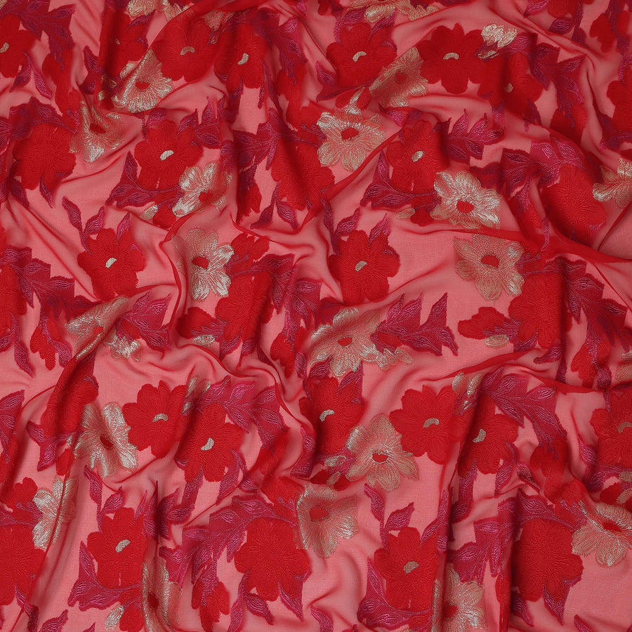 Red Pink Floral French Silk Chiffon Fransawi Garbasaar