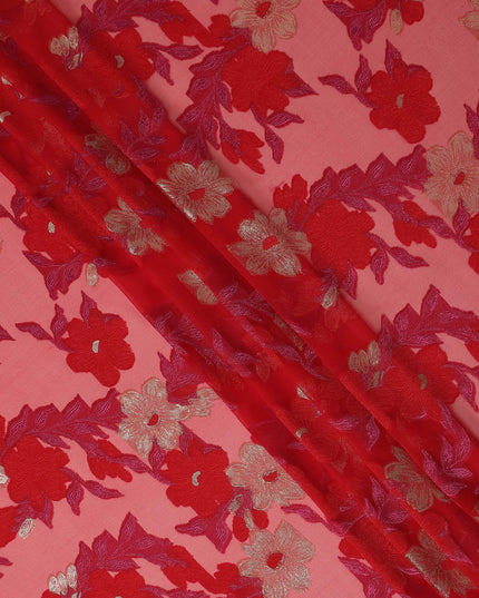 Red Pink Floral French Silk Chiffon Fransawi Garbasaar